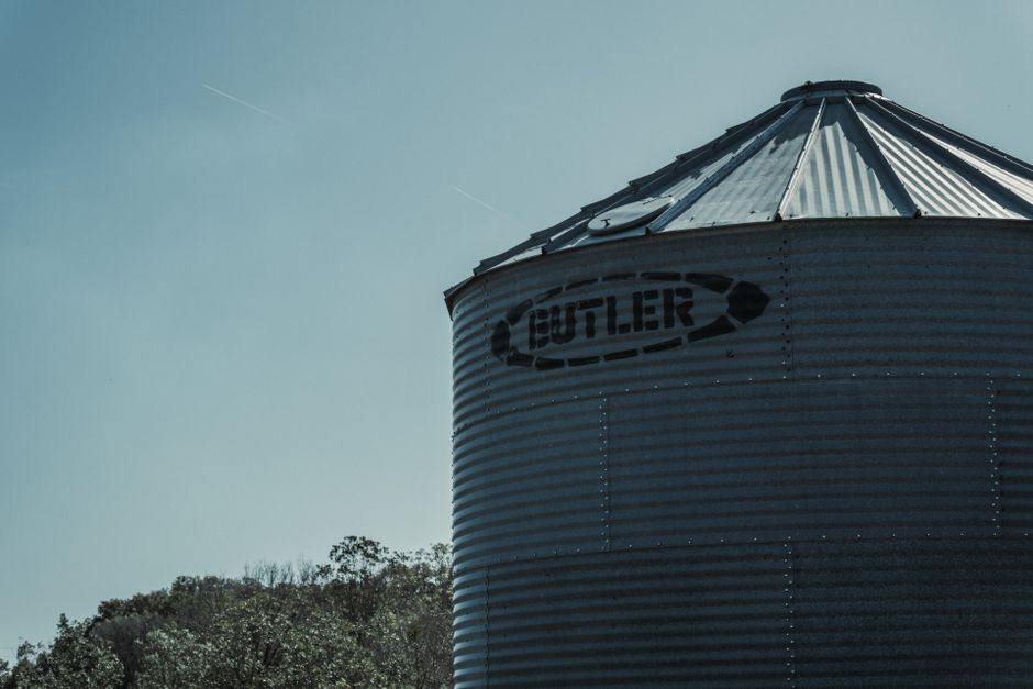 Grain storage silos on a farm